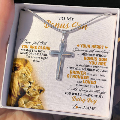 Stainless Cross Necklace Stainless Steel | 2 | Personalized To My Bonus Son Necklace From Stepfather Lion Never Feel That You Are Alone Great Stepson Birthday Christmas Customized Gift Box Message Card | teecentury