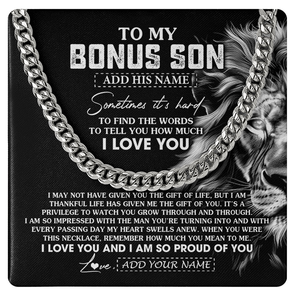 Cuban Link Chain Necklace Stainless Steel | 1 | Personalized To My Bonus Son Necklace From Stepfather Stepson Gifts From Stepmom Stepdad Lion Custom Birthday Christmas Graduation Gift Box Message Card | https://teecentury.