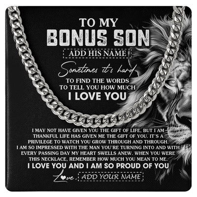 Cuban Link Chain Necklace Stainless Steel | 1 | Personalized To My Bonus Son Necklace From Stepfather Stepson Gifts From Stepmom Stepdad Lion Custom Birthday Christmas Graduation Gift Box Message Card | https://teecentury.