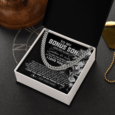 Cuban Link Chain Necklace Stainless Steel | 2 | Personalized To My Bonus Son Necklace From Stepfather Stepson Gifts From Stepmom Stepdad Lion Custom Birthday Christmas Graduation Gift Box Message Card | https://teecentury.