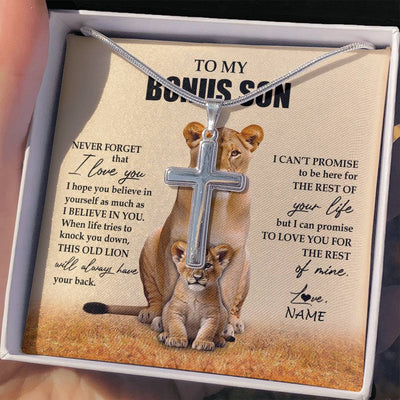 Stainless Cross Necklace Stainless Steel | 2 | Personalized To My Bonus Son Necklace From Stepmom Lion Never Forget That I Love You Stepson Jewelry Birthday Graduation Christmas Customized Message Card | teecentury