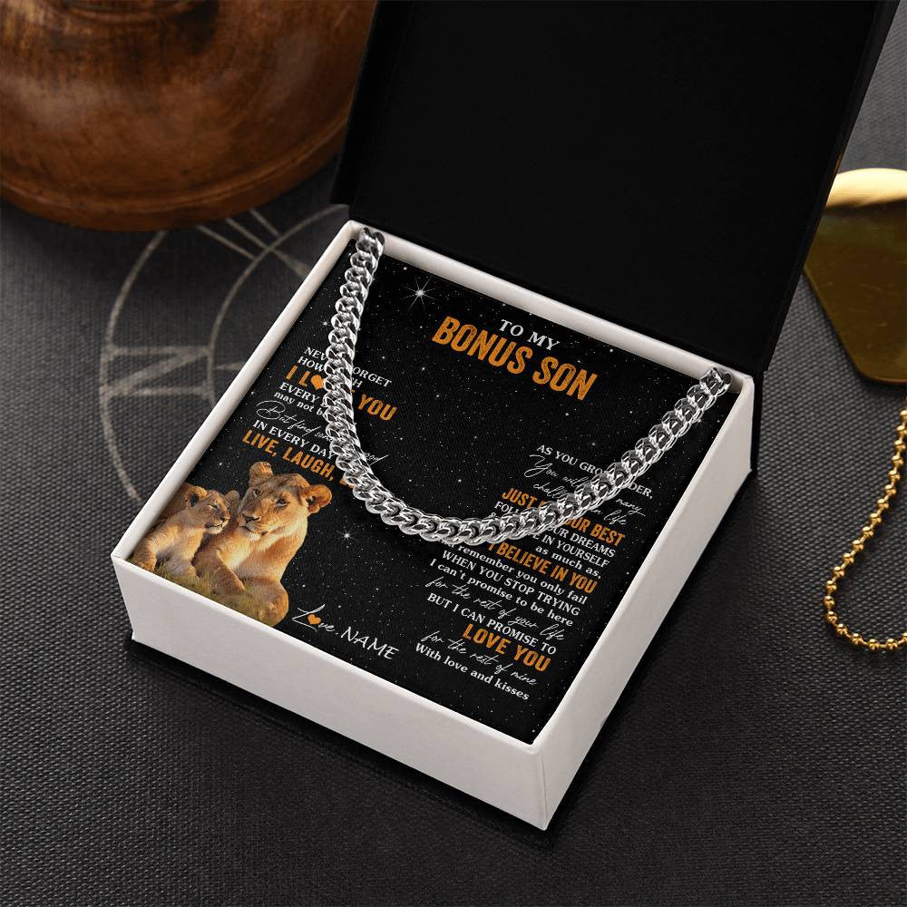 Cuban Link Chain Necklace Stainless Steel | 2 | Personalized To My Bonus Son Necklace From Stepmom Live Laugh Love Lion Stepson Birthday Gifts Positive Graduation Christmas Customized Gift Box Message Card | teecentury