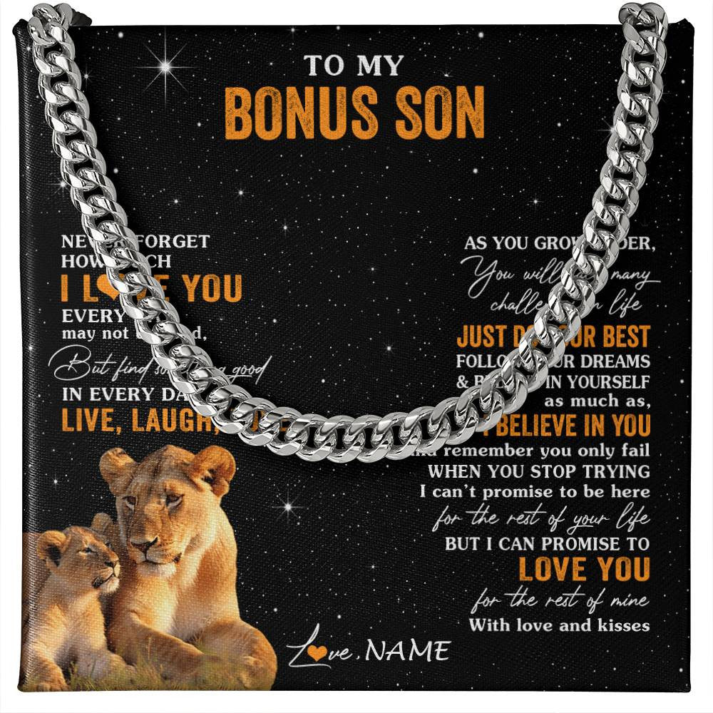 Cuban Link Chain Necklace Stainless Steel | 1 | Personalized To My Bonus Son Necklace From Stepmom Live Laugh Love Lion Stepson Birthday Gifts Positive Graduation Christmas Customized Gift Box Message Card | teecentury