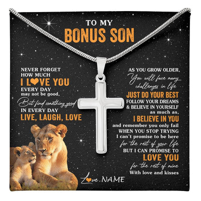 Stainless Cross Necklace Stainless Steel | 1 | Personalized To My Bonus Son Necklace From Stepmom Live Laugh Love Lion Stepson Birthday Gifts Positive Graduation Christmas Customized Gift Box Message Card | teecentury