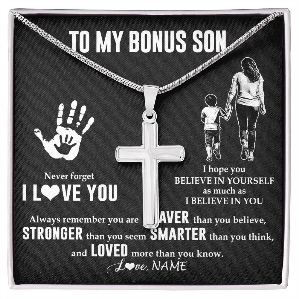 Stainless Cross Necklace Stainless Steel | 1 | Personalized To My Bonus Son Necklace From Stepmom Never Forget I Love You Stepson Birthday Gifts Christmas Graduation Customized Gift Box Message Card | teecentury