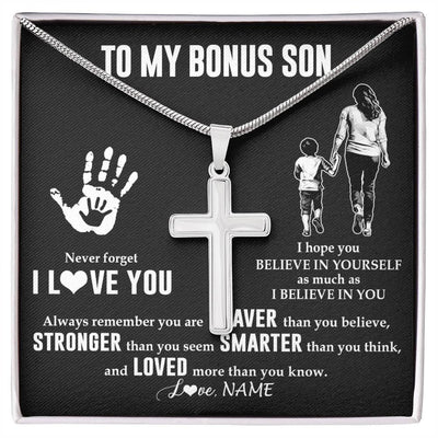 Stainless Cross Necklace Stainless Steel | 1 | Personalized To My Bonus Son Necklace From Stepmom Never Forget I Love You Stepson Birthday Gifts Christmas Graduation Customized Gift Box Message Card | teecentury