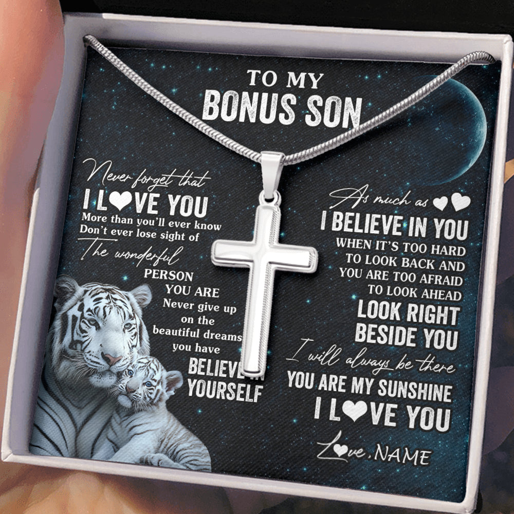 Stainless Cross Necklace Stainless Steel | 2 | Personalized To My Bonus Son Necklace From Stepmom Never Forget I Love You White Tiger Stepson Birthday Graduation Christmas Customized Gift Box Message Card | teecentury