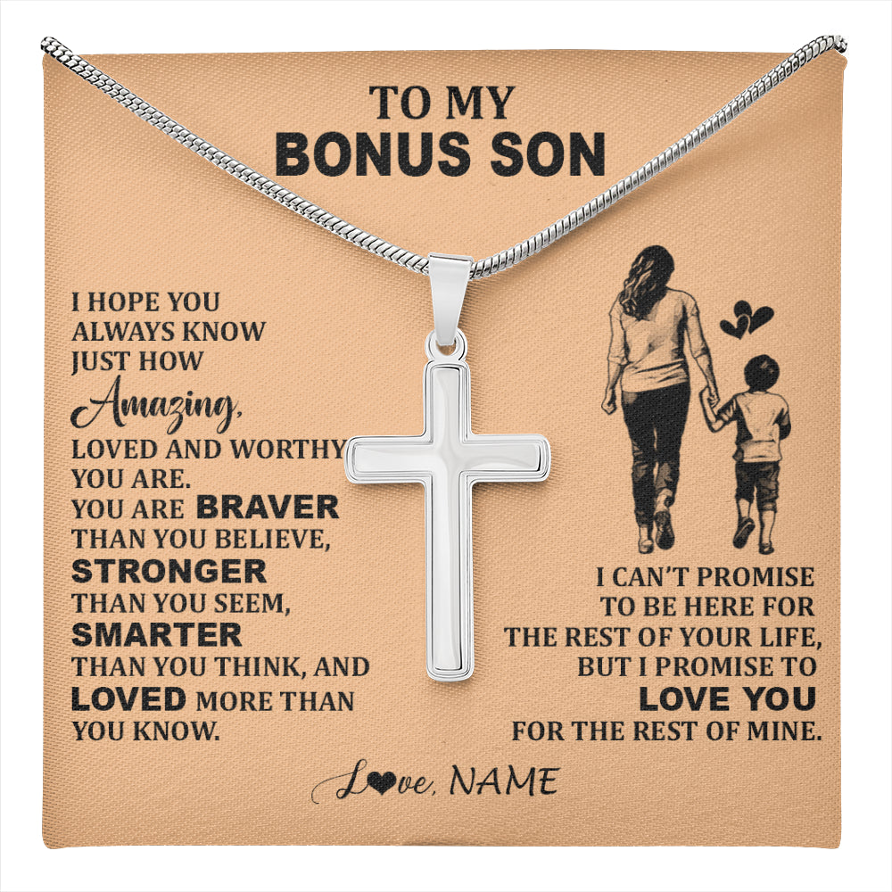 Stainless Cross Necklace Stainless Steel | 1 | Personalized To My Bonus Son Necklace From Stepmom Promise To Love You Stepson Birthday Gifts Jewelry Graduation Christmas Customized Gift Box Message Card | teecentury