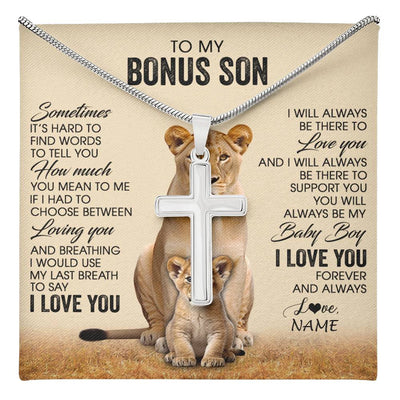 Stainless Cross Necklace Stainless Steel | 1 | Personalized To My Bonus Son Necklace From Stepmom Sometimes It's Hard Lion Stepson Gift Birthday Graduation Christmas Customized Gift Box Message Card | teecentury