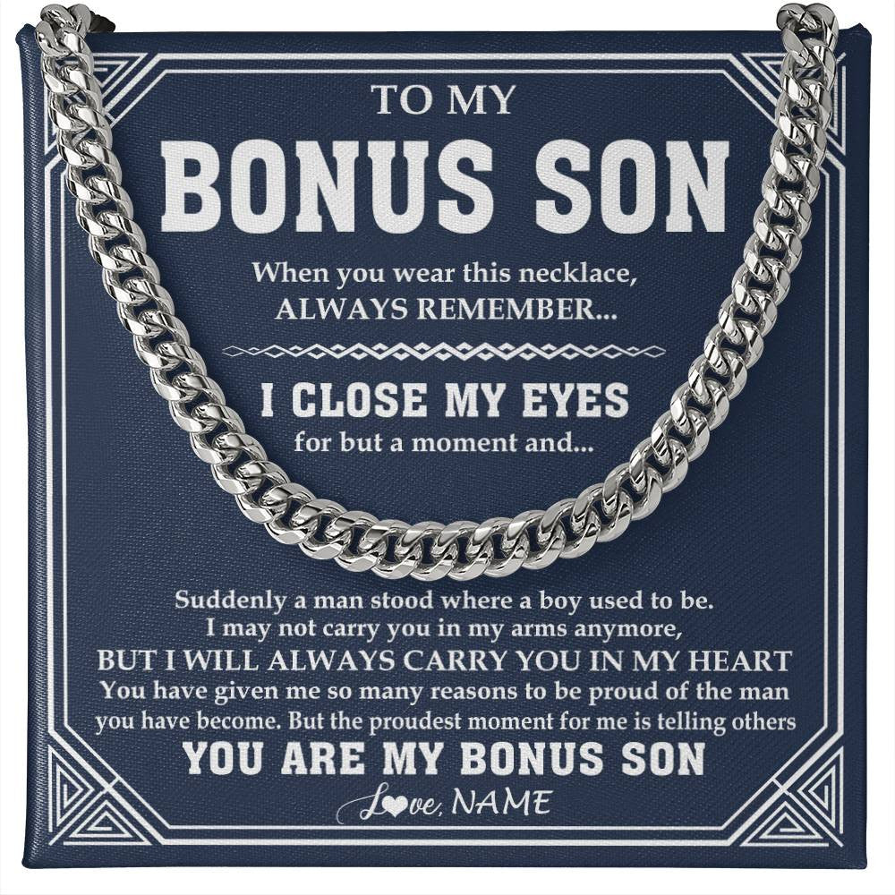 Cuban Link Chain Necklace Stainless Steel | 1 | Personalized To My Bonus Son Necklace From Stepmom Stepdad Suddenly A Man Jewelry Stepson Birthday Gifts Graduation Christmas Customized Gift Box Message Card | teecentury