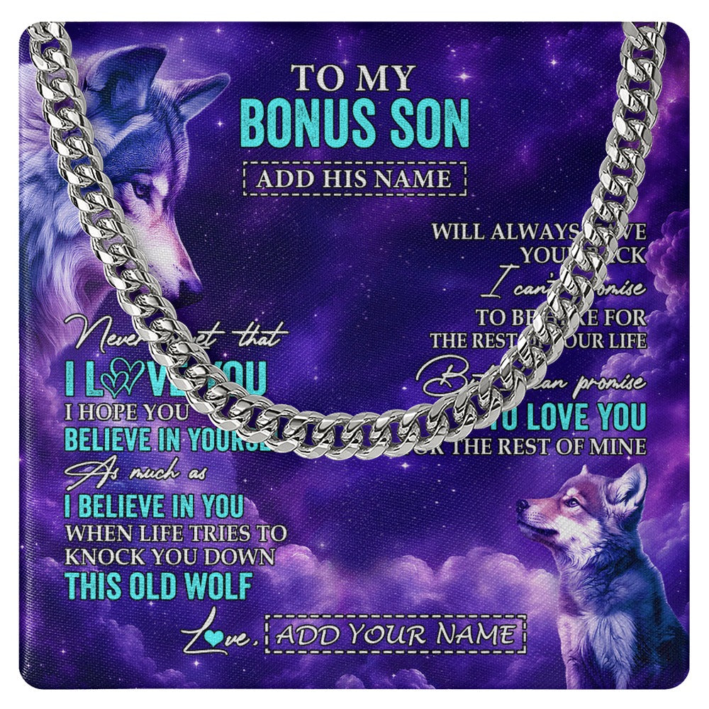 Cuban Link Chain Necklace Stainless Steel | 1 | Personalized To My Bonus Son Necklace From Stepmom Stepdad Wolf Never Forget I Love You Stepson Birthday Gifts Graduation Christmas Gift Box Message Card Shirt & Hoodie | https://teecentury.