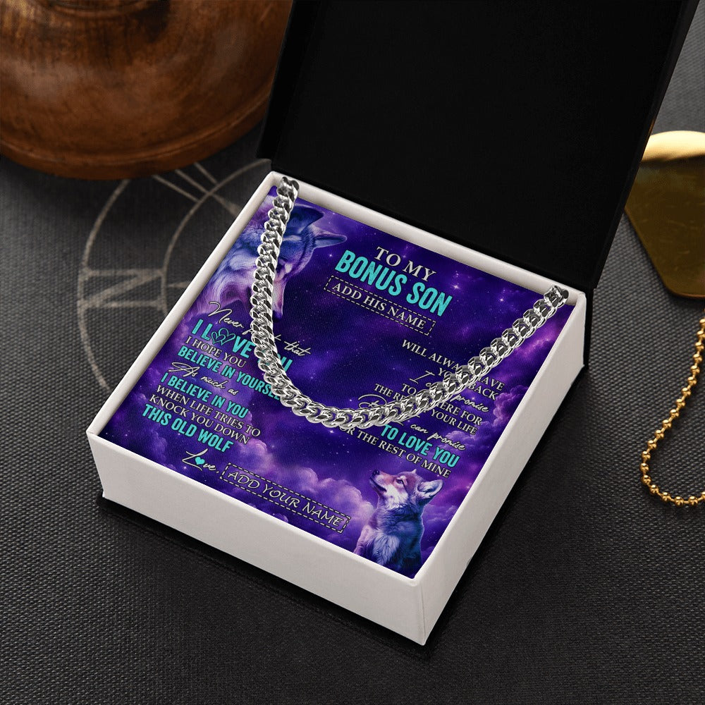 Cuban Link Chain Necklace Stainless Steel | 2 | Personalized To My Bonus Son Necklace From Stepmom Stepdad Wolf Never Forget I Love You Stepson Birthday Gifts Graduation Christmas Gift Box Message Card Shirt & Hoodie | https://teecentury.