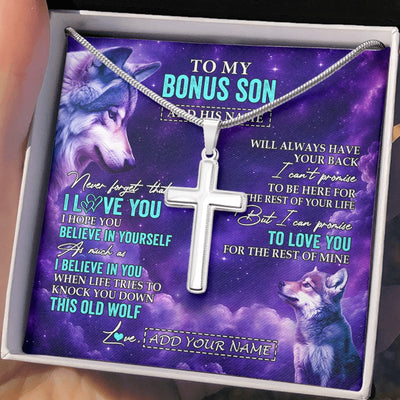 Stainless Cross Necklace Stainless Steel | 2 | Personalized To My Bonus Son Necklace From Stepmom Stepdad Wolf Never Forget I Love You Stepson Birthday Gifts Graduation Christmas Gift Box Message Card Shirt & Hoodie | https://teecentury.