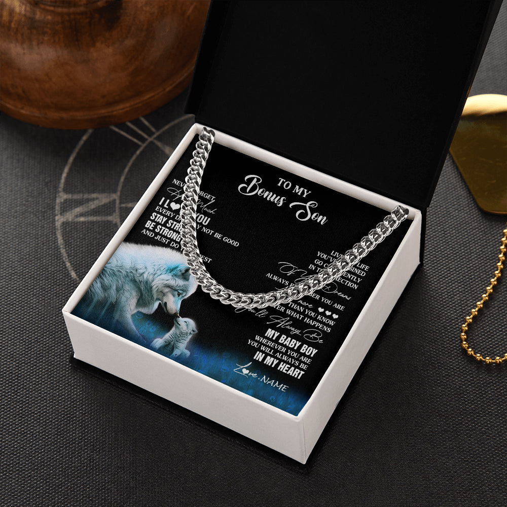 Cuban Link Chain Necklace Stainless Steel | 2 | Personalized To My Bonus Son Necklace From Stepmom Wolf Never Forget How Much I Love You Stepson Birthday Gifts Christmas Customized Gift Box Message Card | teecentury