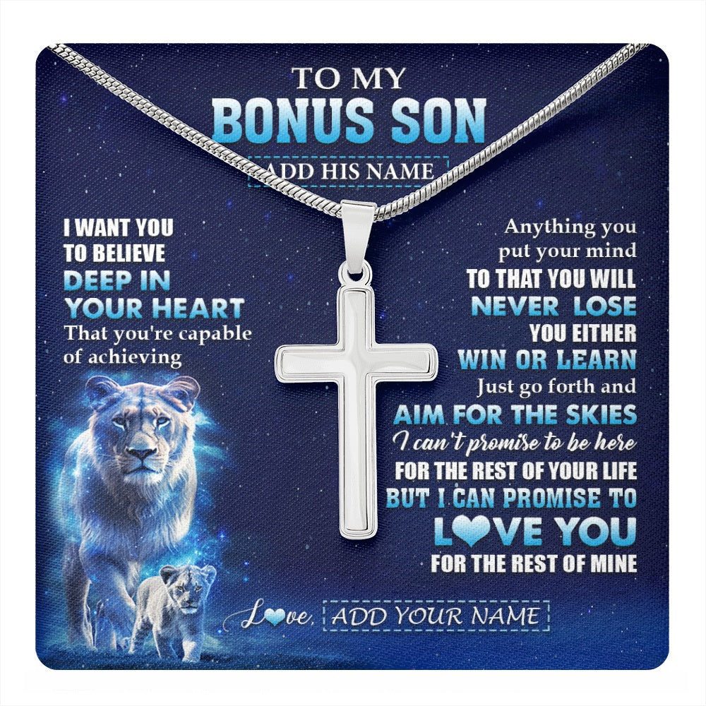 Stainless Cross Necklace Stainless Steel | 1 | Personalized To My Bonus Son Necklace From Stepmother Believe Your Heart Stepson Gift Birthday Graduation Christmas Customized Gift Box Message Card | teecentury.myshopify
