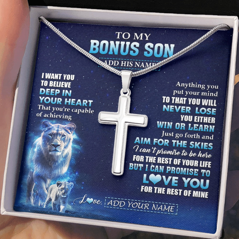 Stainless Cross Necklace Stainless Steel | 2 | Personalized To My Bonus Son Necklace From Stepmother Believe Your Heart Stepson Gift Birthday Graduation Christmas Customized Gift Box Message Card | teecentury.myshopify