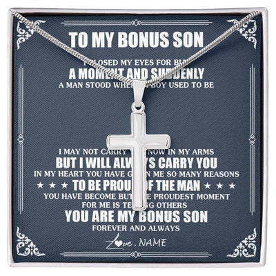 Stainless Cross Necklace Stainless Steel | 1 | Personalized To My Bonus Son Necklace From Stepmother Father I Close My Eyes Gifts For Stepson Birthday Graduation Christmas Customized Gift Box Message Card | teecentury