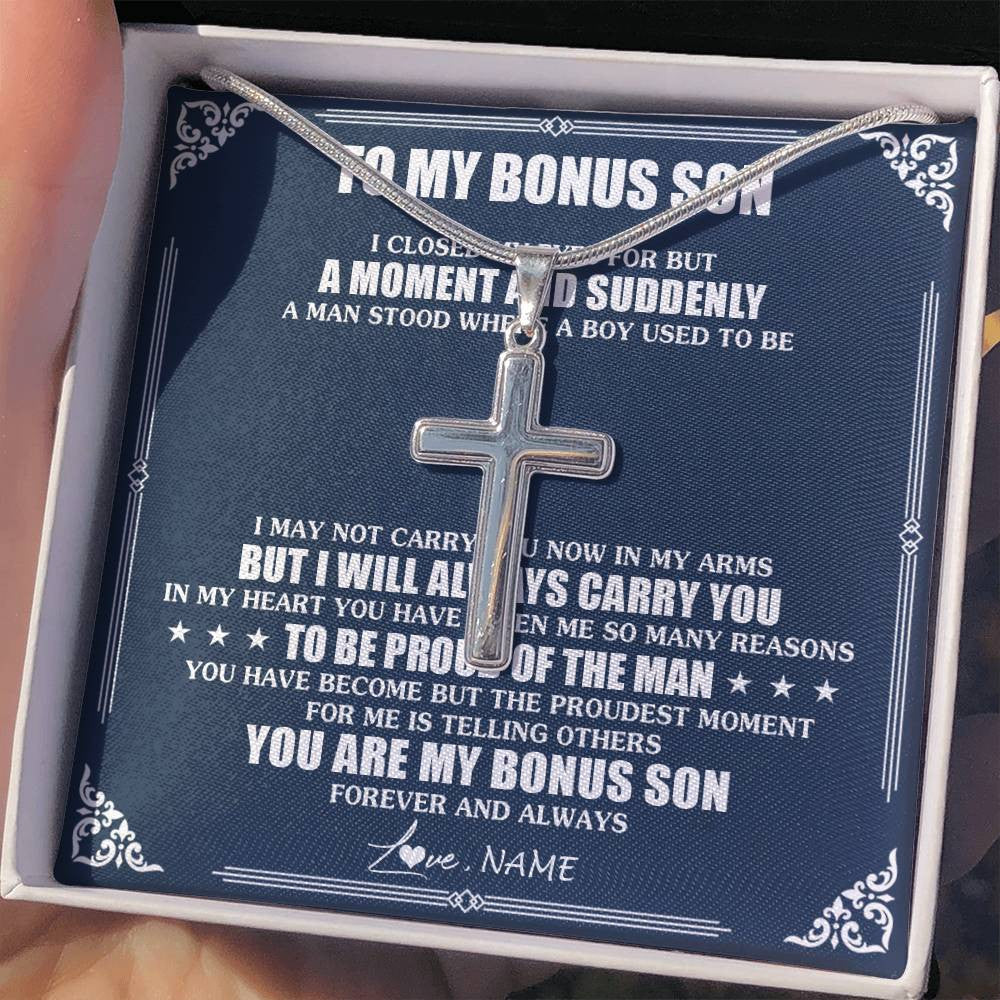 Stainless Cross Necklace Stainless Steel | 2 | Personalized To My Bonus Son Necklace From Stepmother Father I Close My Eyes Gifts For Stepson Birthday Graduation Christmas Customized Gift Box Message Card | teecentury
