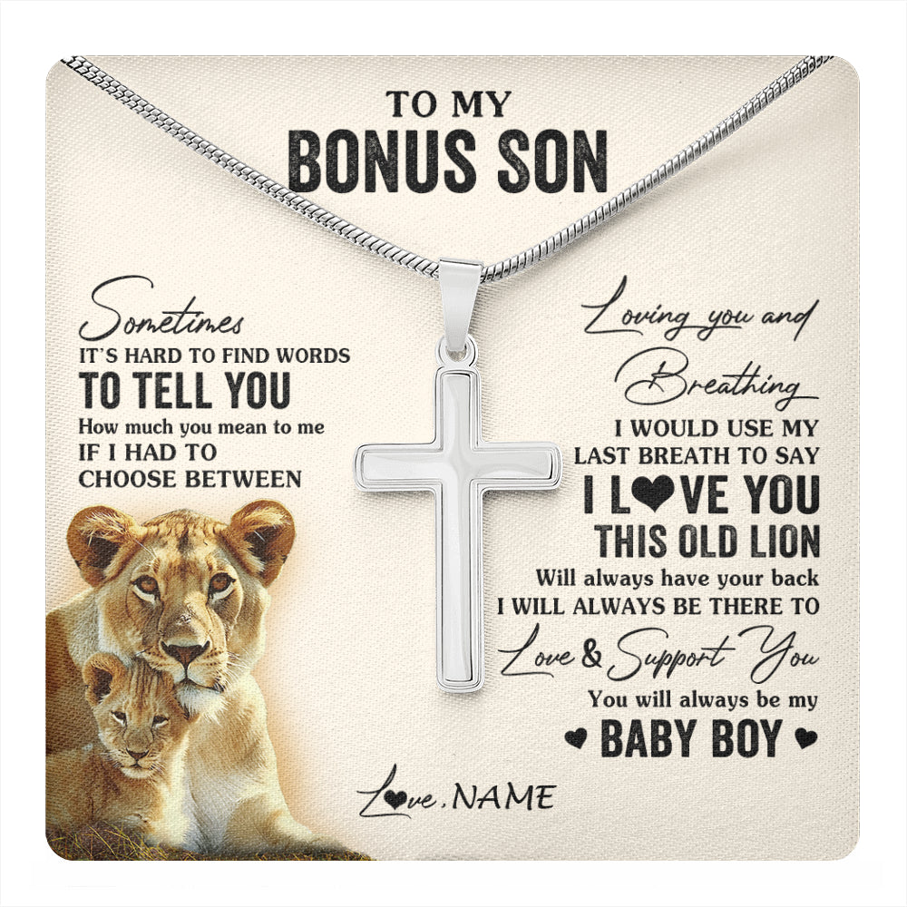 Stainless Cross Necklace Stainless Steel | 1 | Personalized To My Bonus Son Necklace From Stepmother I Love You This Old Lion Stepson Birthday Graduation Christmas Customized Gift Box Message Card | teecentury