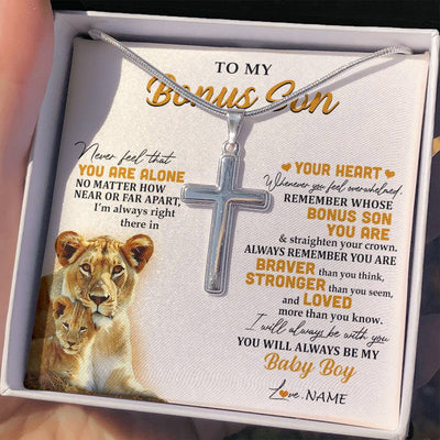 Stainless Cross Necklace Stainless Steel | 2 | Personalized To My Bonus Son Necklace From Stepmother Lion Never Feel That You Are Alone Great Stepson Birthday Christmas Customized Gift Box Message Card | teecentury
