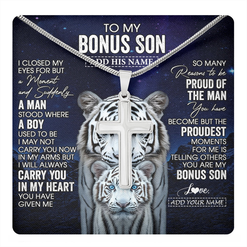 Stainless Cross Necklace Stainless Steel | 1 | Personalized To My Bonus Son Necklace From Stepmother Stepdad I Close My Eyes White Tiger Stepson Birthday Gift Christmas Jewelry Gift Box Message Card | https://teecentury.