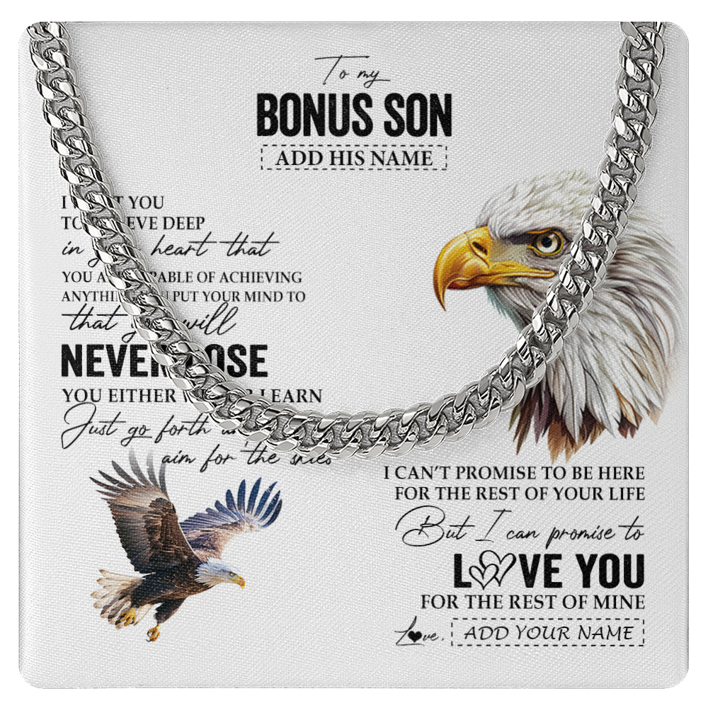 Cuban Link Chain Necklace Stainless Steel | 1 | Personalized To My Bonus Son Necklace From Stepmother Stepdad You Will Never Lose Eagle Stepson Birthday Gifts Graduation Christmas Gift Box Message Card | teecentury