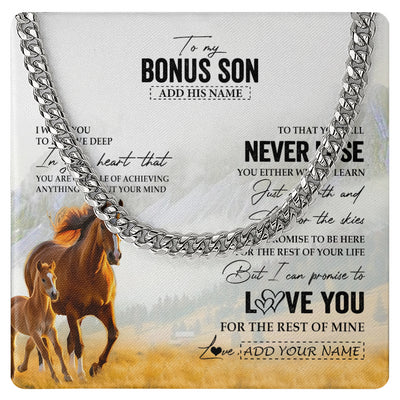 Cuban Link Chain Necklace Stainless Steel | 1 | Personalized To My Bonus Son Necklace From Stepmother Stepdad You Will Never Lose Horse Stepson Birthday Gifts Christmas Customized Gift Box Message Card | teecentury