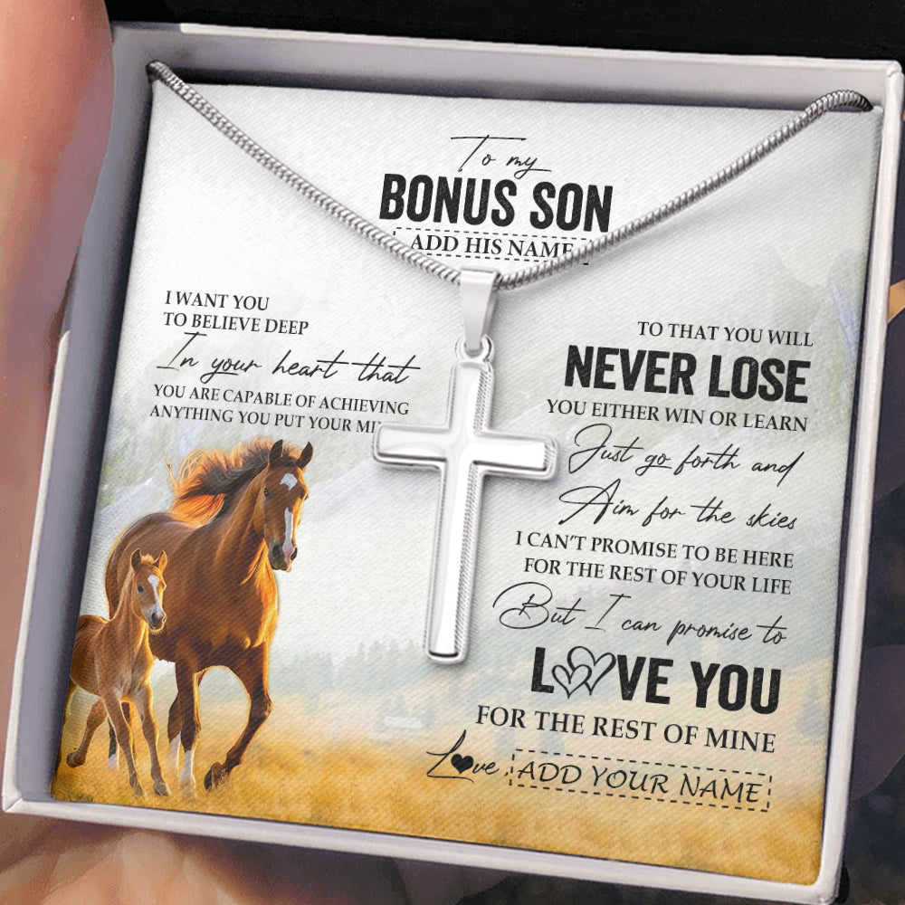 Stainless Cross Necklace Stainless Steel | 2 | Personalized To My Bonus Son Necklace From Stepmother Stepdad You Will Never Lose Horse Stepson Birthday Gifts Christmas Customized Gift Box Message Card | teecentury