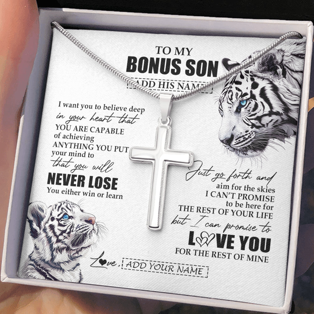 Stainless Cross Necklace Stainless Steel | 2 | Personalized To My Bonus Son Necklace From Stepmother Stepdad You Will Never Lose White Tiger Stepson Birthday Gifts Christmas Custom Gift Box Message Card | teecentury