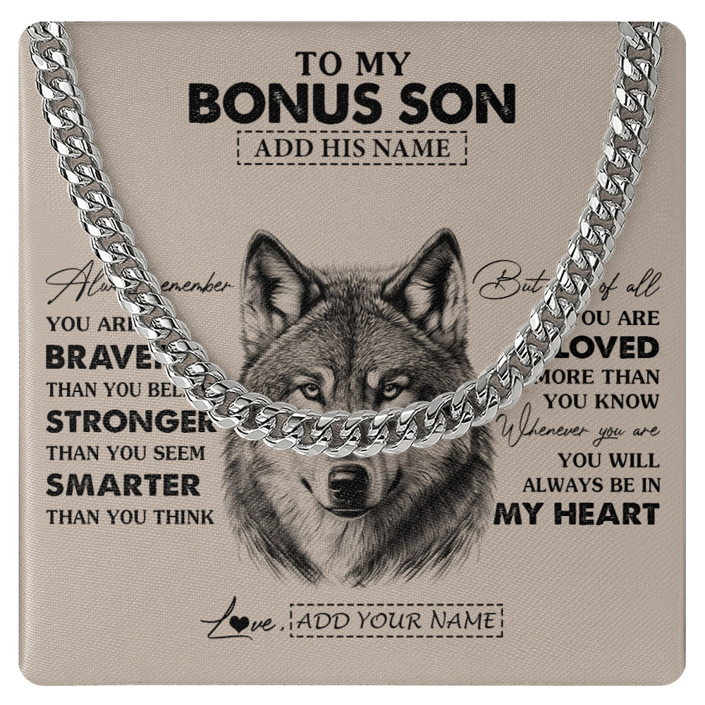 Cuban Link Chain Necklace Stainless Steel | 1 | Personalized To My Bonus Son Necklace From Stepmother Stepfather Wolf Braver Stronger Smarter Stepson Birthday Graduation Christmas Gift Box Message Card | teecentury.myshopify