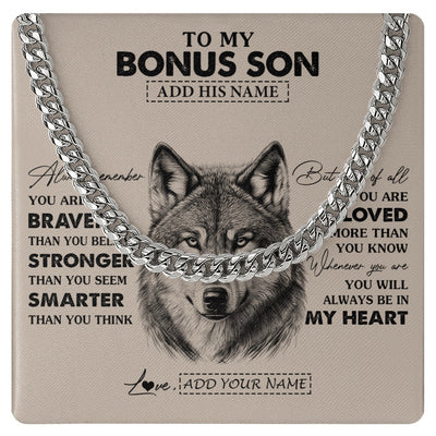 Cuban Link Chain Necklace Stainless Steel | 1 | Personalized To My Bonus Son Necklace From Stepmother Stepfather Wolf Braver Stronger Smarter Stepson Birthday Graduation Christmas Gift Box Message Card | teecentury.myshopify