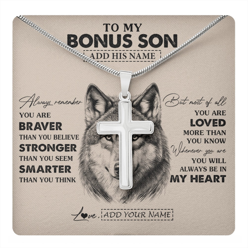 Stainless Cross Necklace Stainless Steel | 1 | Personalized To My Bonus Son Necklace From Stepmother Stepfather Wolf Braver Stronger Smarter Stepson Birthday Graduation Christmas Gift Box Message Card | teecentury.myshopify