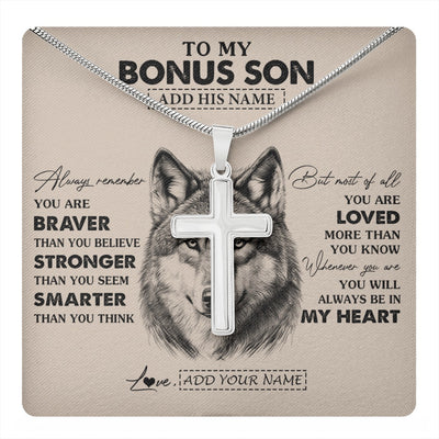 Stainless Cross Necklace Stainless Steel | 1 | Personalized To My Bonus Son Necklace From Stepmother Stepfather Wolf Braver Stronger Smarter Stepson Birthday Graduation Christmas Gift Box Message Card | teecentury.myshopify
