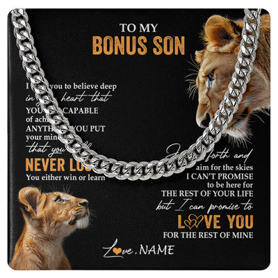 Cuban Link Chain Necklace Stainless Steel | 1 | Personalized To My Bonus Son Necklace From Stepmother Stepmom You Will Never Lose Lion Stepson Birthday Gifts Graduation Christmas Gift Box Message Card | teecentury