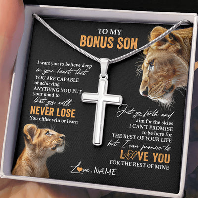 Stainless Cross Necklace Stainless Steel | 2 | Personalized To My Bonus Son Necklace From Stepmother Stepmom You Will Never Lose Lion Stepson Birthday Gifts Graduation Christmas Gift Box Message Card | teecentury