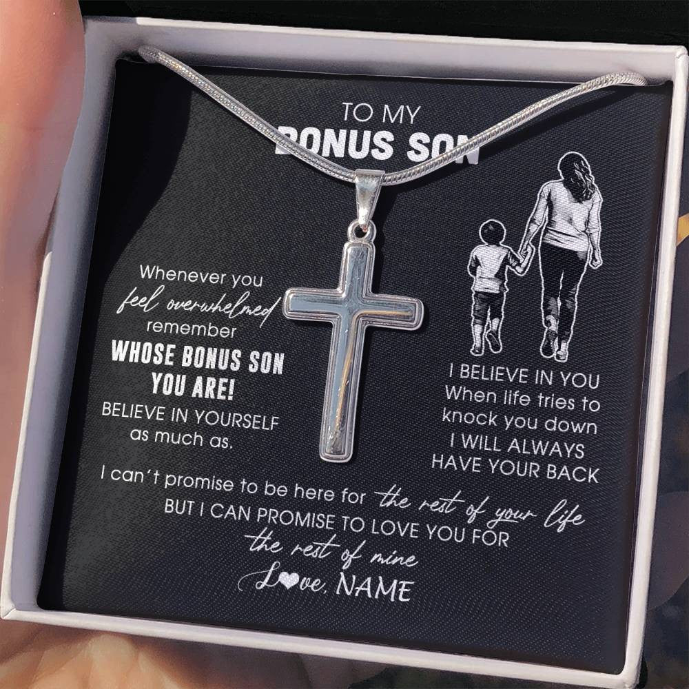Stainless Cross Necklace Stainless Steel | 2 | Personalized To My Bonus Son Necklace From Stepmother Whenever You Feel Overwhelmed Stepson Jewelry Birthday Christmas Customized Gift Box Message Card | teecentury