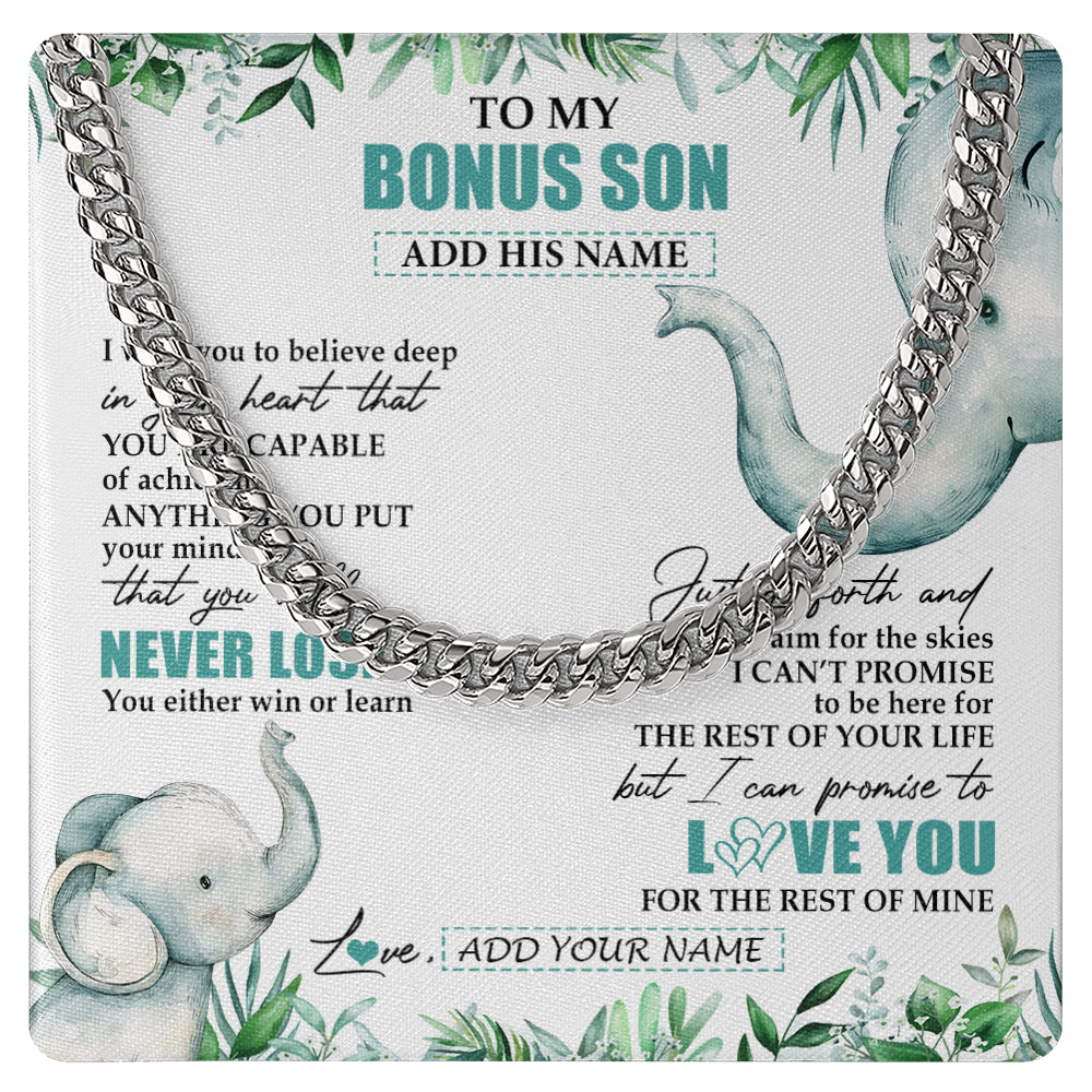 Cuban Link Chain Necklace Stainless Steel | 1 | Personalized To My Bonus Son Necklace From Stepmother You Will Never Lose Elephant Stepson Birthday Gifts Graduation Christmas Custom Gift Box Message Card | teecentury