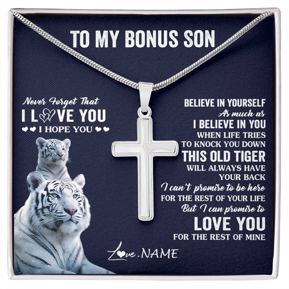 Stainless Cross Necklace Stainless Steel | 1 | Personalized To My Bonus Son Necklace Gift From Stepmom This Old Tiger Love You Stepson Birthday Graduation Christmas Custom Customized Gift Box Message Card | teecentury