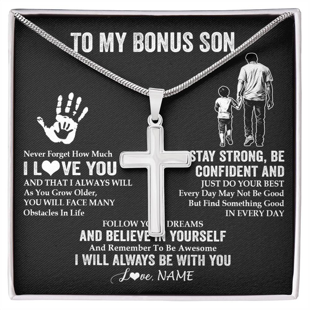 Stainless Cross Necklace Stainless Steel | 1 | Personalized To My Bonus Son Necklace I Love You Forever From Stepdad Stepson Birthday Gifts Christmas Graduation Customized Gift Box Message Card | teecentury