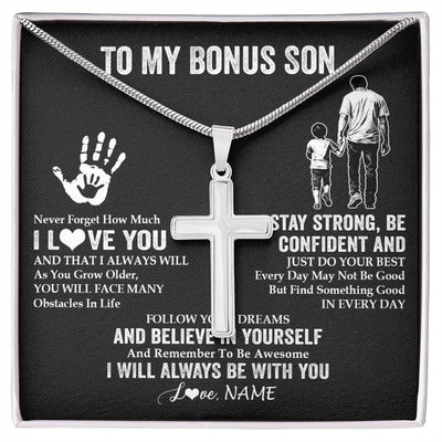 Stainless Cross Necklace Stainless Steel | 1 | Personalized To My Bonus Son Necklace I Love You Forever From Stepdad Stepson Birthday Gifts Christmas Graduation Customized Gift Box Message Card | teecentury