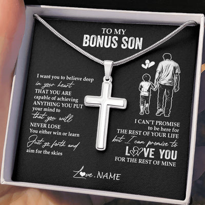 Stainless Cross Necklace Stainless Steel | 2 | Personalized To My Bonus Son Necklace You Will Never Lose From Bonus Dad Stepfather Stepson Birthday Gifts Graduation Christmas Gift Box Message Card | teecentury