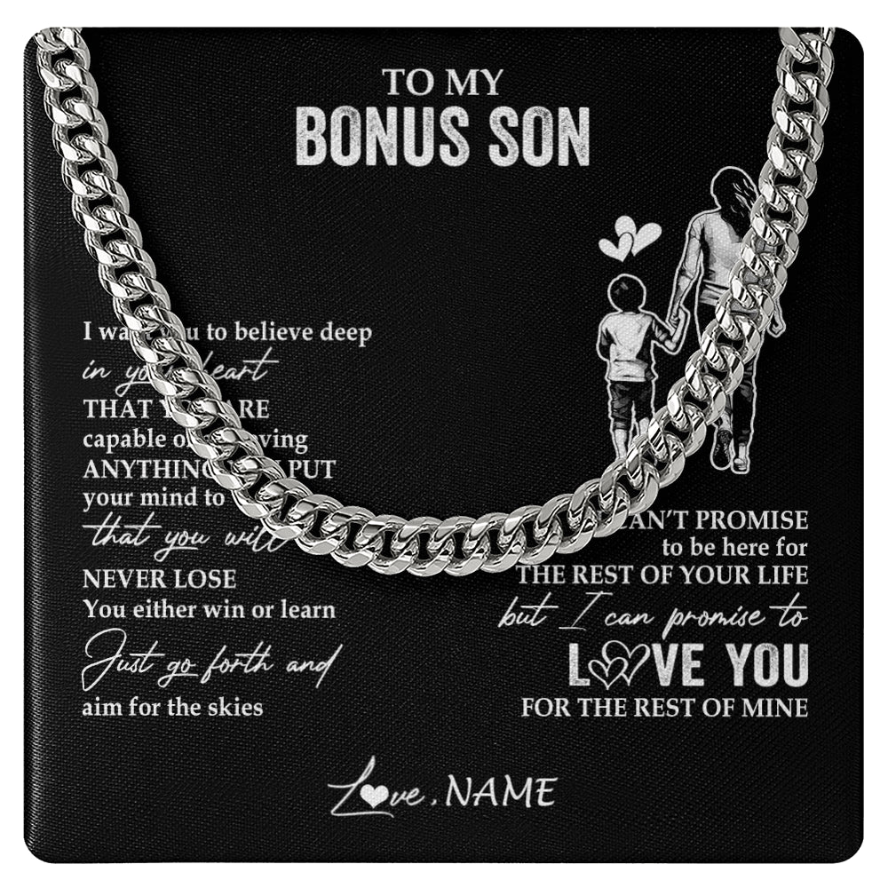 Cuban Link Chain Necklace Stainless Steel | 1 | Personalized To My Bonus Son Necklace You Will Never Lose From Stepmother Stepmom Stepson Birthday Gifts Graduation Christmas Customized Gift Box Message Card | teecentury