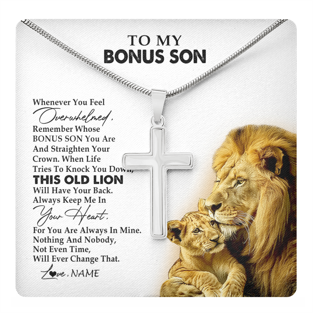 Stainless Cross Necklace Stainless Steel | 1 | Personalized To My Bonus Son Necklace from Stepdad Whenever You Fell Overwhelmed Lion Stepson Birthday Christmas Customized Gift Box Message Card | teecentury