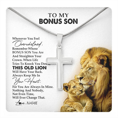Stainless Cross Necklace Stainless Steel | 1 | Personalized To My Bonus Son Necklace from Stepdad Whenever You Fell Overwhelmed Lion Stepson Birthday Christmas Customized Gift Box Message Card | teecentury