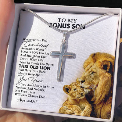 Stainless Cross Necklace Stainless Steel | 2 | Personalized To My Bonus Son Necklace from Stepdad Whenever You Fell Overwhelmed Lion Stepson Birthday Christmas Customized Gift Box Message Card | teecentury