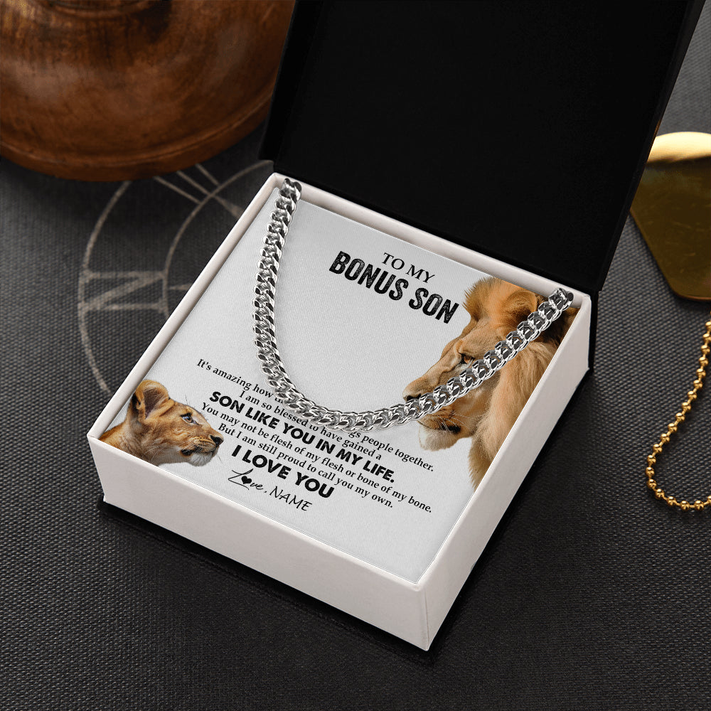 Cuban Link Chain Necklace Stainless Steel | 2 | Personalized To My Bonus Son Necklace from Stepfather Lion I Love You Stepchild Adopted Son Stepson Birthday Christmas Customized Gift Box Message Card | teecentury