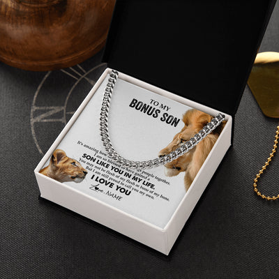 Cuban Link Chain Necklace Stainless Steel | 2 | Personalized To My Bonus Son Necklace from Stepfather Lion I Love You Stepchild Adopted Son Stepson Birthday Christmas Customized Gift Box Message Card | teecentury