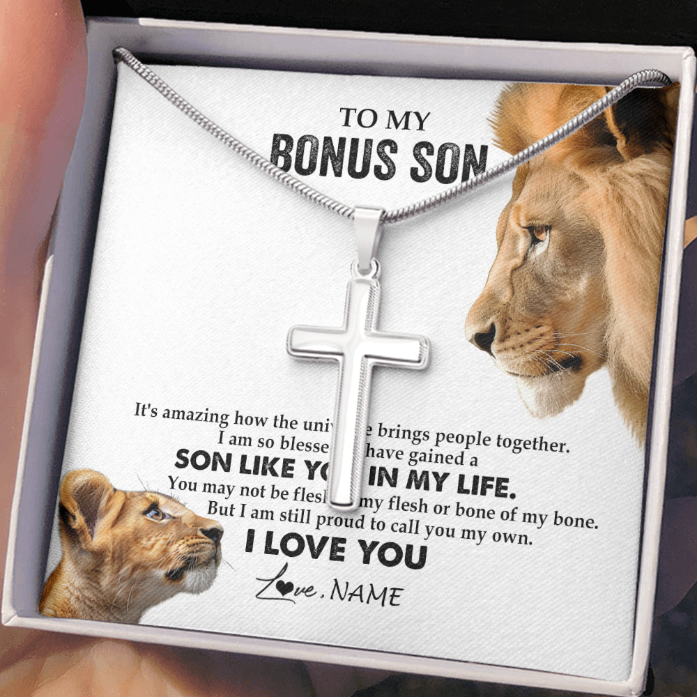 Stainless Cross Necklace Stainless Steel | 2 | Personalized To My Bonus Son Necklace from Stepfather Lion I Love You Stepchild Adopted Son Stepson Birthday Christmas Customized Gift Box Message Card | teecentury