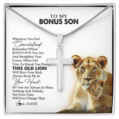 Stainless Cross Necklace Stainless Steel | 1 | Personalized To My Bonus Son Necklace from Stepmom Whenever You Fell Overwhelmed Lion Stepson Birthday Christmas Customized Gift Box Message Card | teecentury