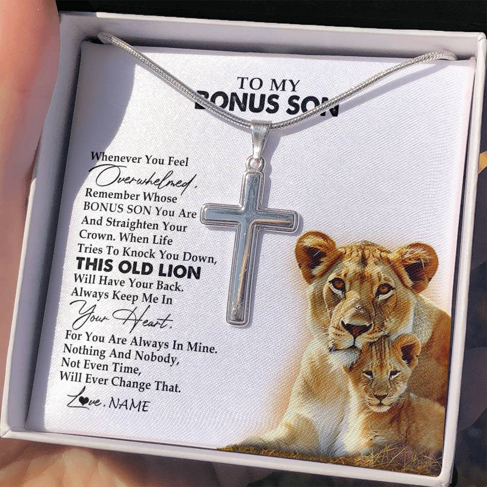 Stainless Cross Necklace Stainless Steel | 2 | Personalized To My Bonus Son Necklace from Stepmom Whenever You Fell Overwhelmed Lion Stepson Birthday Christmas Customized Gift Box Message Card | teecentury